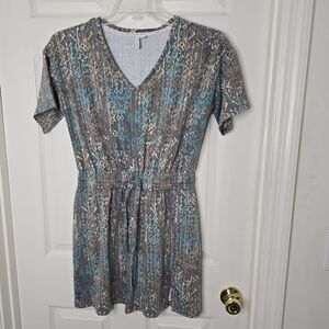 Womens Live Well Print Dress elastic waist V‎ Neck Short Sleeve S